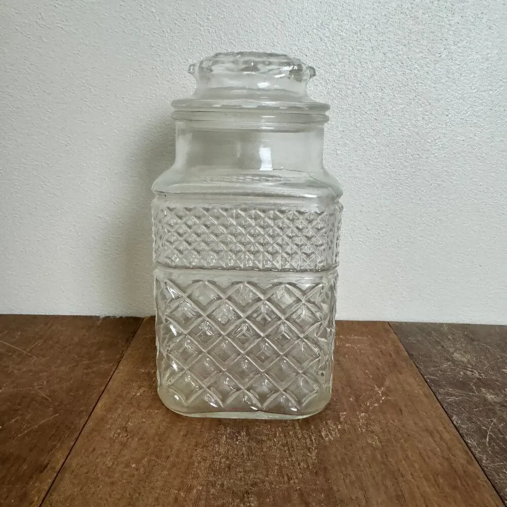 Vintage Clear Pressed Glass Diamond Point Square Apothecary Jar Canister Lid‎